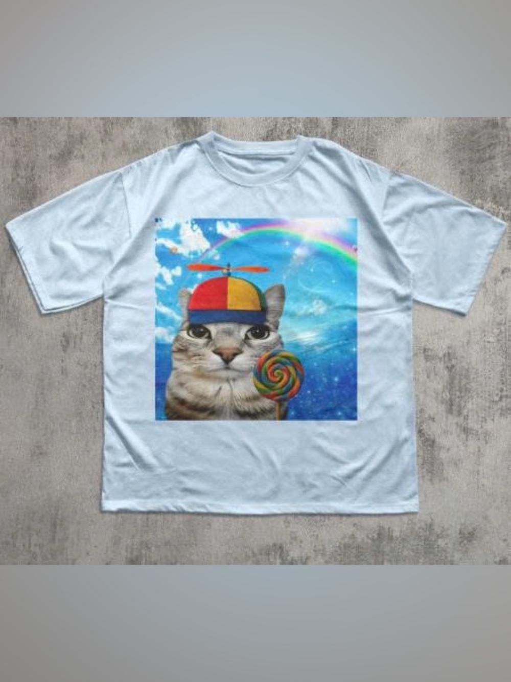 Gildan Light Blue Tee with Cat Graphic and Rainbow Lollipop